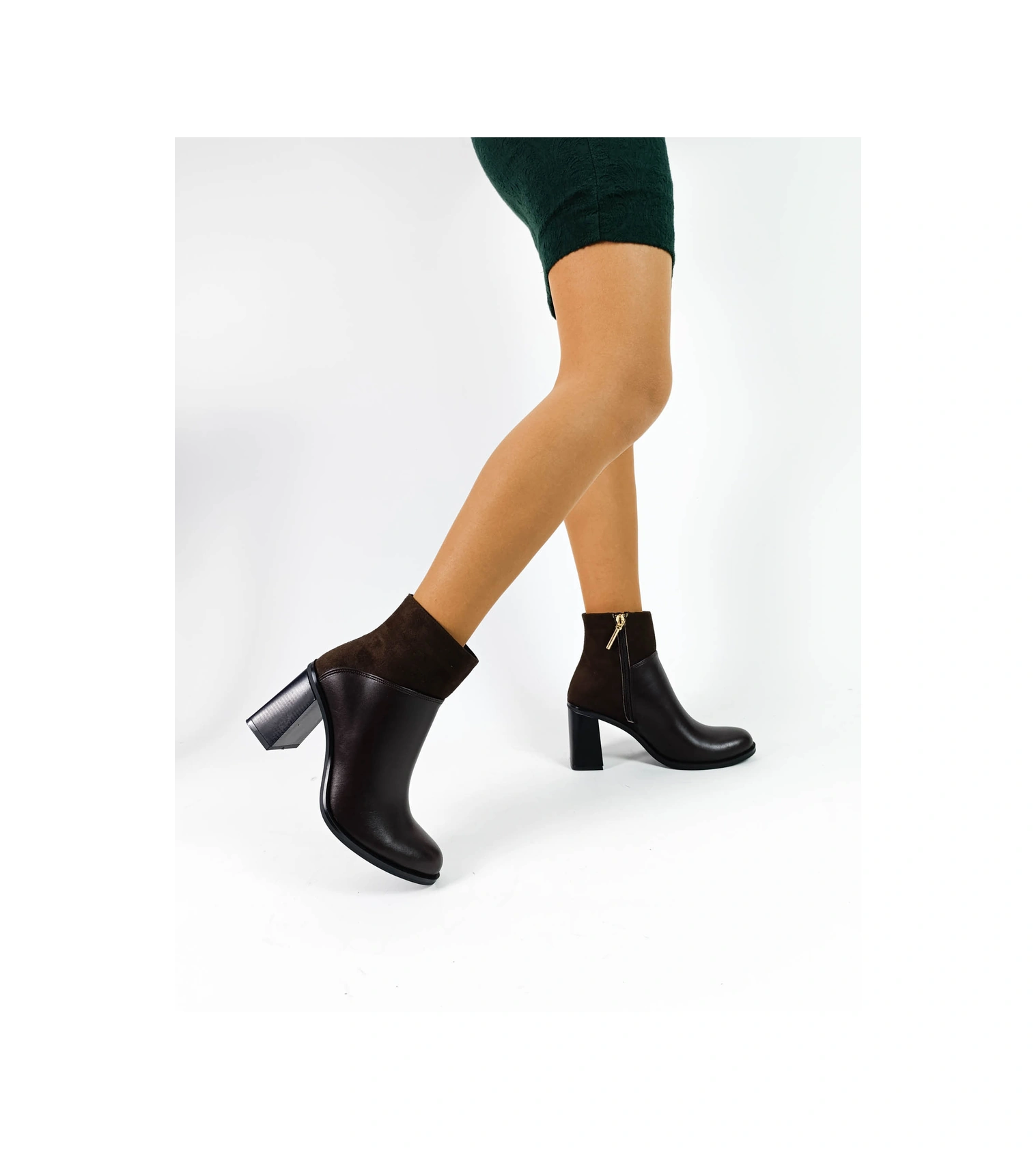 Kahve Renk Fermuarlı Kalın Topuk Süet Cilt Kadın Topuklu Bot Kahve