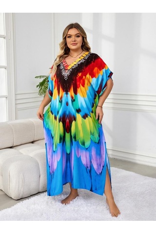 Edolynsa Şık Kadın Kaftan Bohem Renkli Bornoz Rahat Büyük Beden Moo Moo Elbise Taze Elbise Tatil Partisi Uzun Elbise Kıyafet Q1594 Çok Renkli