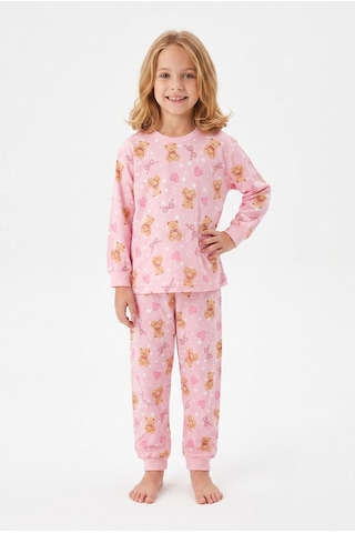 Bunny Hopp Kız Çocuk Uzun Kollu Pijama Takımı %100 Pamuk Ayıcıklı Ve Kalp Desenli Penye Pembe