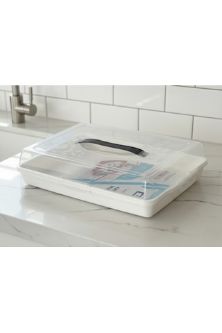 Dikdörtgen Börek Taşıma Kabı Kilitli Kapaklı 45x30x10 Cm Beyaz