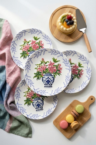 Grandora Vazo Ve Çiçek Desenli 6 Adet, 20 Cm Modern Pasta Tatlı Tabağı Seti Şık Kahvaltılık Tabak Koyu Pembe Çiçekli