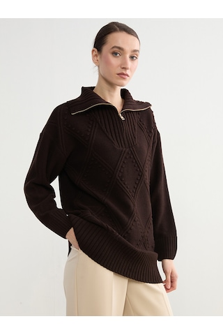 Lcw Modest Kahverengi Polo Yaka Baklava Desenli Kadın Triko Tunik