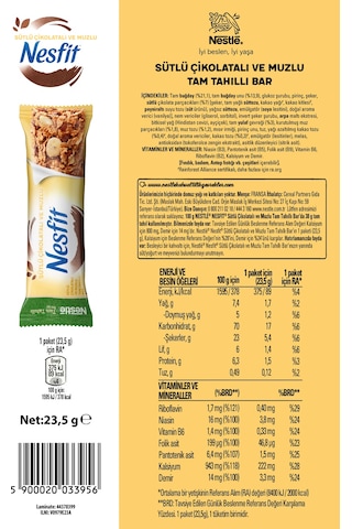 Nestlé Nesfit Sütlü Çikolatalı Ve Muzlu Tam Tahıllı Bar 32 x 23.5 G