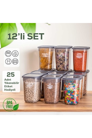Porsima 2047 Etiketli Kapaklı Dikdörtgen Çok Amaçlı Gıda Erzak Saklama Kabı Seti 2 L 12'li