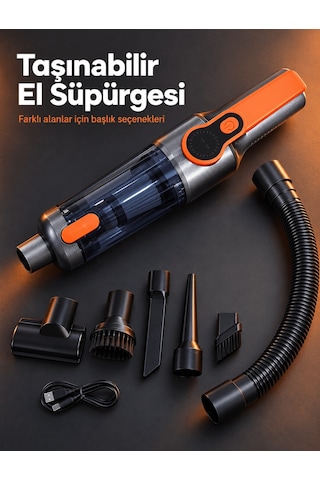 Esnek Hortum Ve Farklı Temizlik Uçları İle Ev Ve Araç İçin El Süpürgesi Beyaz