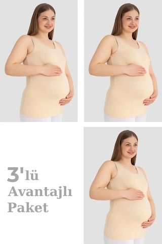 Carlburn Delux Serisi Hamile Atlet Kalın Askılı Pamuklu Likralı Esnek Ten 3'lü Paket Günlük Giyim Gebe