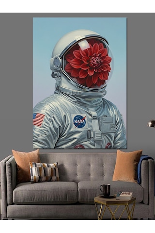Karizma Tablo Astronot Başlı Çiçekli Adam Dekoratif Kanvas - Mdf Ahşap Tablo
