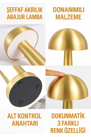 Mantar Masa Lambası Gold Şarjlı Dokunmatik 3 Renk Ayarlanabilir