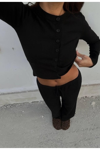 De Pose Düğme Detaylı Pijamalı Hırka Triko Takım Siyah