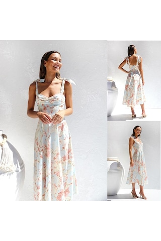 Yazlık Kadın Elbise İnce İnce Belli V Yaka Boyundan Bağlamalı Baskılı Orta Boy Elbise Bej