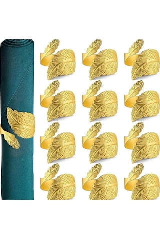 Geeroyoo 12'li Set Altın Yaprak Desenli Şık Peçete Halkası - Masanıza Zarafet Katın Altın