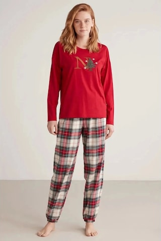 Nautıca W606 Kadın Uzun Kollu Ekoseli Pijama Takımı Kırmızı
