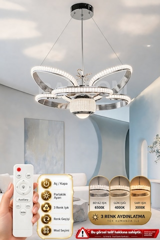 Ransom İthal Seri 3 Renk Kumandalı Saray Led Avize Toplu Kelebekli Gümüş Kasa Salon Ledli Avize Krom