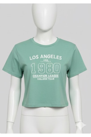 Kadın Mint Yeşili Crop Tişört Baskılı Yazlık Basic Kısa Kollu Mint Yeşil