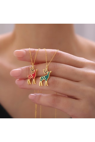 925 Ayar Gümüş Mineli Yılbaşı Geyik Figürü Kolye Gold