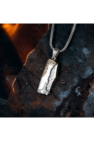 925 Ayar Gümüş Avcı Bıçağı Tasarım Açılır Kapanır Erkek Kolye Gümüş