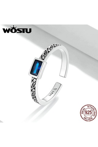 Wostu 925 Ayar Gümüş Vintage Desen Ve Dikdörtgen Zirkonyum Yüzük Kadınlar İçin Ayarlanabilir Yüzük Moda Takı