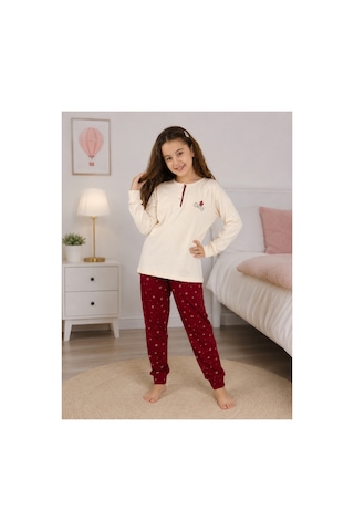 Formo Kız Çocuk %100 Doğal Pamuk Manşet Paça Uzun Kollu Pijama Takımı Ekru