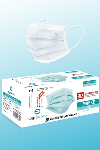 Saytekmed Meltblown Filtreli Yassı İpli 3 Katlı Beyaz Maske (1 Kutu - 50 Adet)