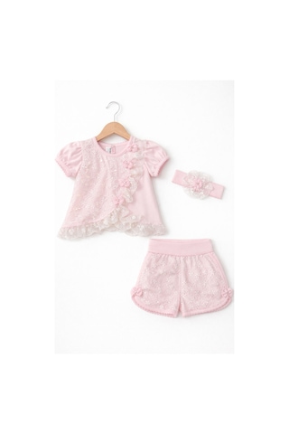 Kardeşler Bebe Kız Bebek Dantelli Şortlu Takım & Saç Bandı 3 Lü Pembe