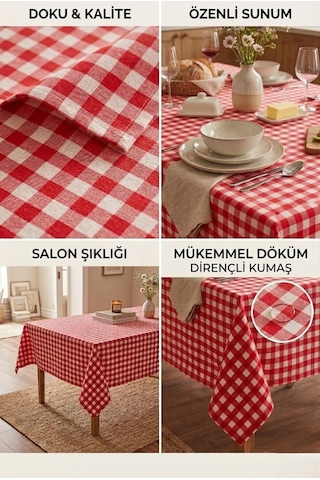 Kırmızı Pıtırcık Ekose Masa Örtüsü Leke Tutmaz Su İtici Masa Örtüsü Dikdörtgen Bahçe Ve Mutfak Masa Örtüsü Kırmızı Beyaz