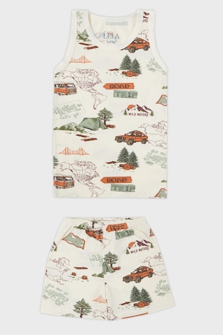 Lela Desenli Streç Pamuklu Bisiklet Yaka Atlet Boxer 2'Li Iç Giyim Erkek Çocuk Takım 6651010 Ekru-Yeşil