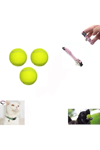 3 Adet Tenis Topu Köpek Oyun Topu Ve 1 Adet Zilli Ayarlanabilir Kedi Tasması