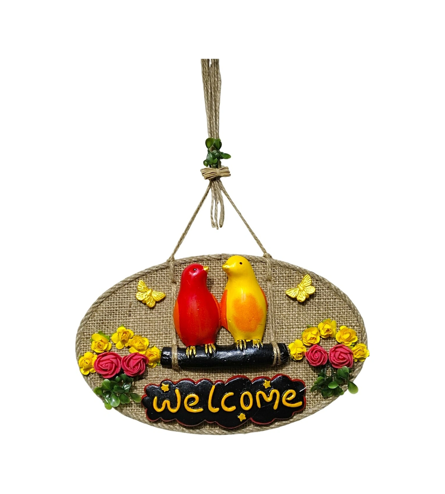 Dekoratif Welcome Kapı Süsü Sarı Kırmızı Kuş Ve Çiçek Temalı, Jüt İpli El Yapımı Kapı Süsü