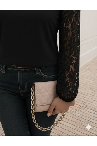 Tua Moda Kadın Uzun Kollu Asimetrik Yakalı Dantelli Ithal Krep Bluz Siyah