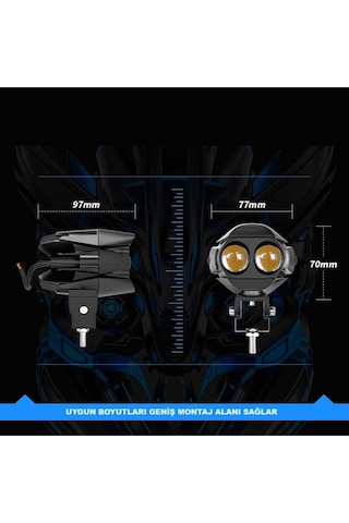 2 Adet Motosiklet Çift Göz Led Lazer Sis Farı Delici Beyaz Sarı Çift Renk 12-80 Volt