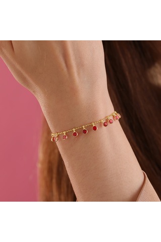 Queen Silver Jewelry 925 Ayar Gümüş Kırmızı Renk Geçişli Top Zincirli Bileklik Altın
