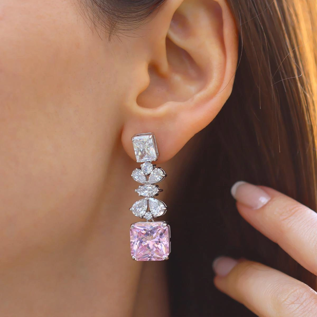 Pembe Kare Çiçekli Gümüş Işıltı Gümüş Küpe Gümüş