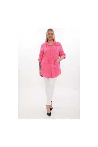Lady Majestic Cotton Büyük Beden Kapüşonlu Mevsimlik Ceket - Fuşya