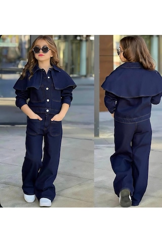 Kız Çocuk 3 Parça Kot Pelerin Detaylı Ceketli Denimtakım 25179 Lacivert