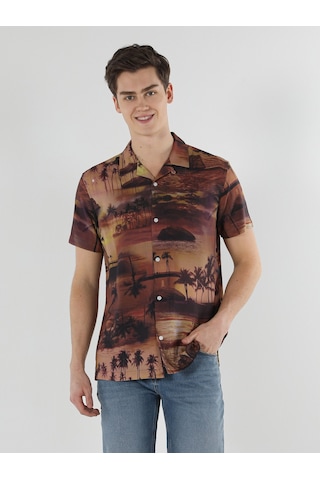 Colin's Regular Fit Shirt Neck Palmiye Desenli Turuncu Erkek Kısa Kol Gömlek CL1057831_Q1.V1_COR Kahverengi