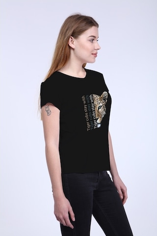 Kadın Siyah Ön/Arka Tiger Baskılı V Yaka Tshirt Siyah