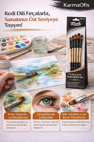 Profesyonel Kedi Dili Fırça Seti 6 Lı Set 6 No 2-4-6-8-10-12 Sentetik Boya Fırçası