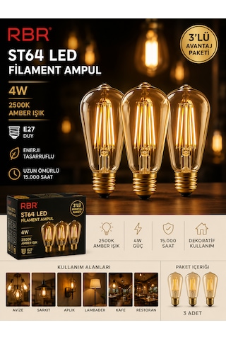 Rbr St64 Led Filament Armut Ampul E27 4w 2500k Amber Rustik 3 Lü Paket 3'Lü Paket