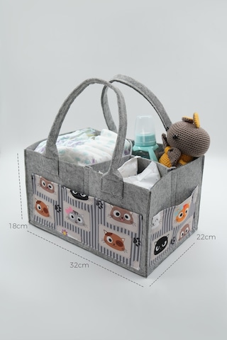 Jasper Kedi Figürlü Desenli Gri Keçe Anne Bebek Bakım Çantası Or Gri