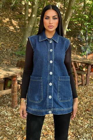 WeShaya Mavi Denim Kolsuz, Düğmeli, Geniş Cepli Uzun Kot Yelek Mavi