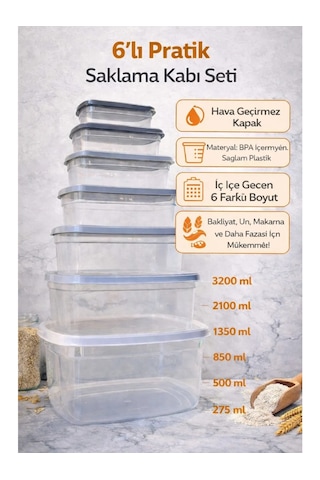 Ceritoğlu Hava Geçirmez 6'lı Saklama Kabı Stackable Iç Içe Geçer-bpa Free-dikdörtgen Şeffaf