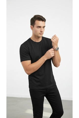 Plus Scorpion Erkek Basic Tişört Slim Fit Bisiklet Yaka Pamuk Likralı Günlük Kullanım Siyah