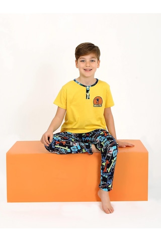 Vitmo Erkek Çocuk Kısa Kollu Düğme Detaylı %100 Pamuklu Pijama Takımı Skate Gri