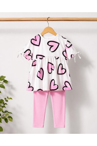 Durukoza Kız Çocuk Kalp Desenli Tunik Tayt Takım Pembe Beyaz Günlük Takım 4-8 Yaş
