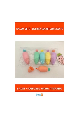 Havuç Tasarımlı Renkli Fosforlu Kalemler 5 Adet Çok Renkli