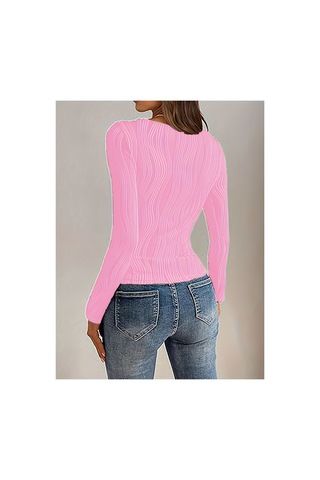 Fashion's Pembe Elastanlı Polyester Bluz Yuksek Bel Uzun Kollu Yuvarlak Yaka Klasik Kesim Örme Kumaş Pembe