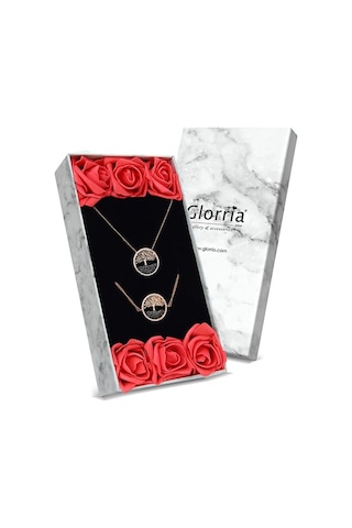 Glorria Gümüş Hayat Ağacı Kolye, Bileklik, Çiçekli Hediye Seti -