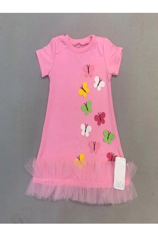 Peruflic 1-2-3 Yaş Renkli Kelebekler Nakışlı Eteği Fırfırlı Jile Çocuk Elbisesi Pembe