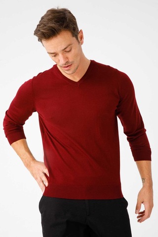Desen Triko Erkek Basic V Yaka İnce Triko Kazak 02421602 Bordo Bordo