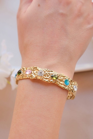 Gold Vintage Renkli Zirkon Taşlı Çelik Kelepçe Bileklik Gold